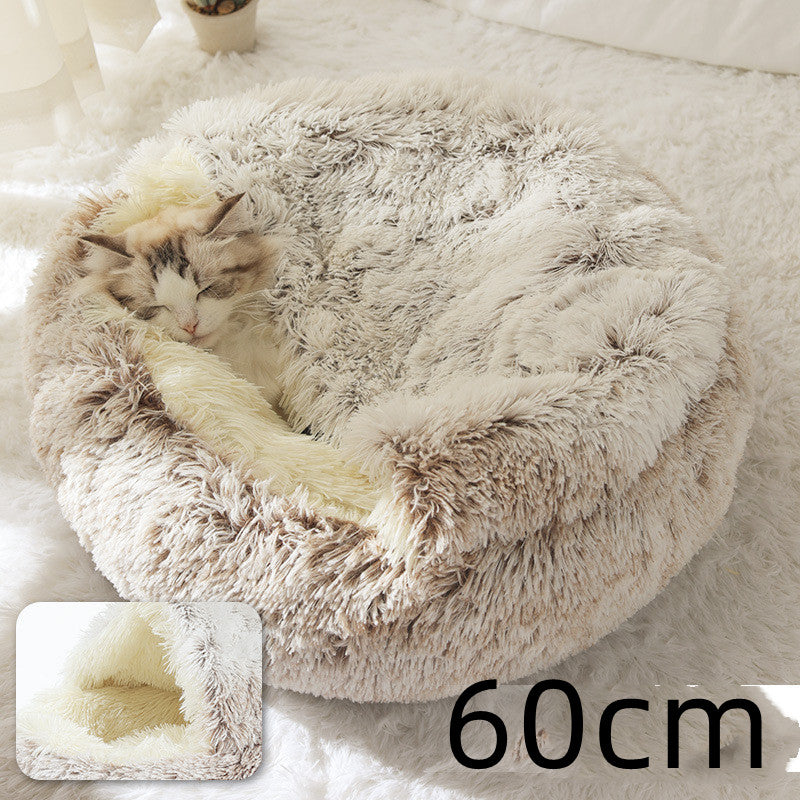 2 In 1 Pet Winter Bed Round Plush Warm Sleeping House