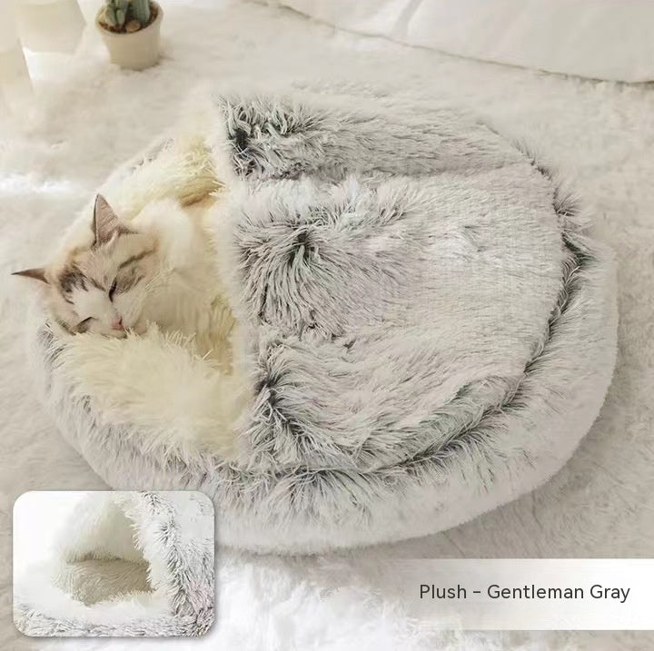 2 In 1 Pet Winter Bed Round Plush Warm Sleeping House