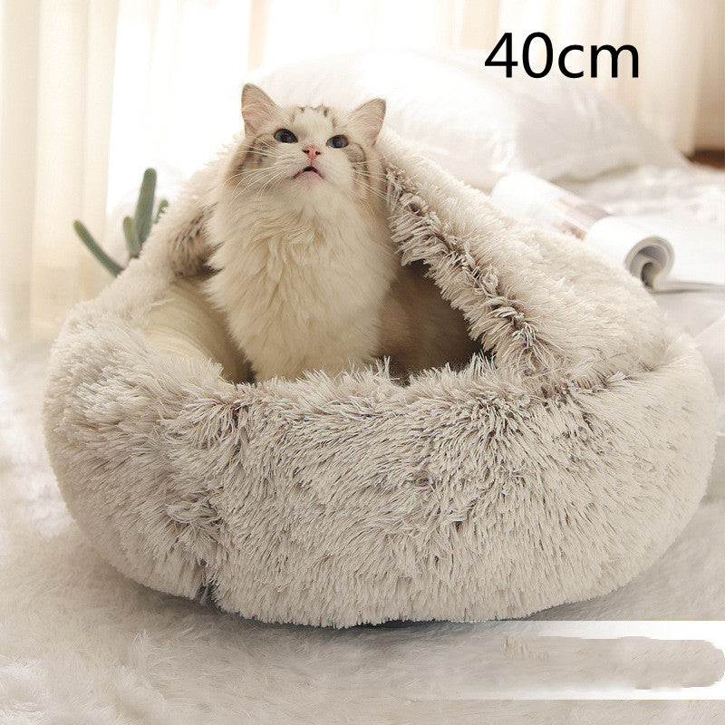 2 In 1 Pet Winter Bed Round Plush Warm Sleeping House