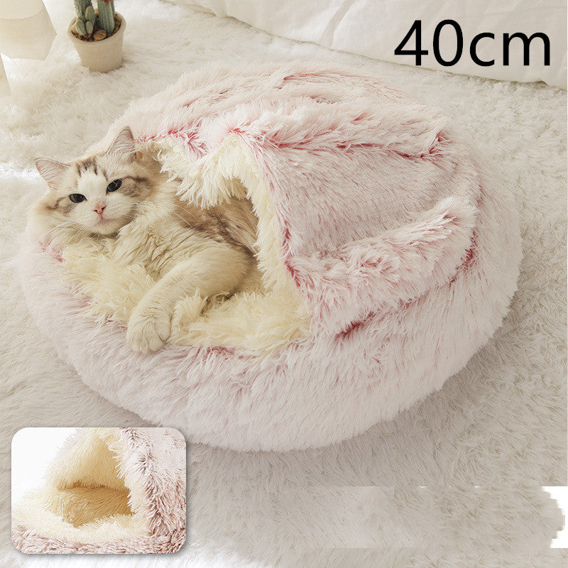 2 In 1 Pet Winter Bed Round Plush Warm Sleeping House