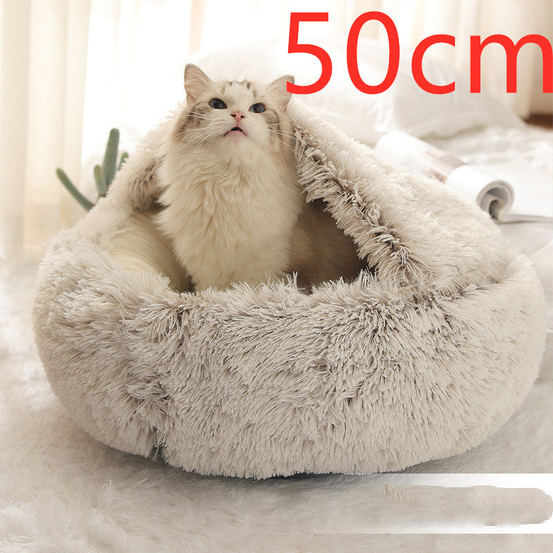 2 In 1 Pet Winter Bed Round Plush Warm Sleeping House