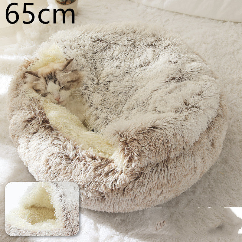 2 In 1 Pet Winter Bed Round Plush Warm Sleeping House