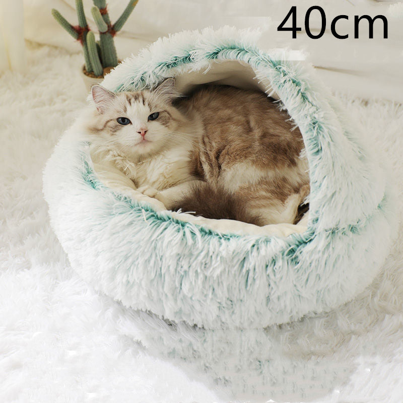 2 In 1 Pet Winter Bed Round Plush Warm Sleeping House