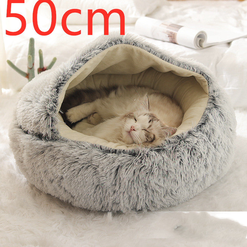 2 In 1 Pet Winter Bed Round Plush Warm Sleeping House