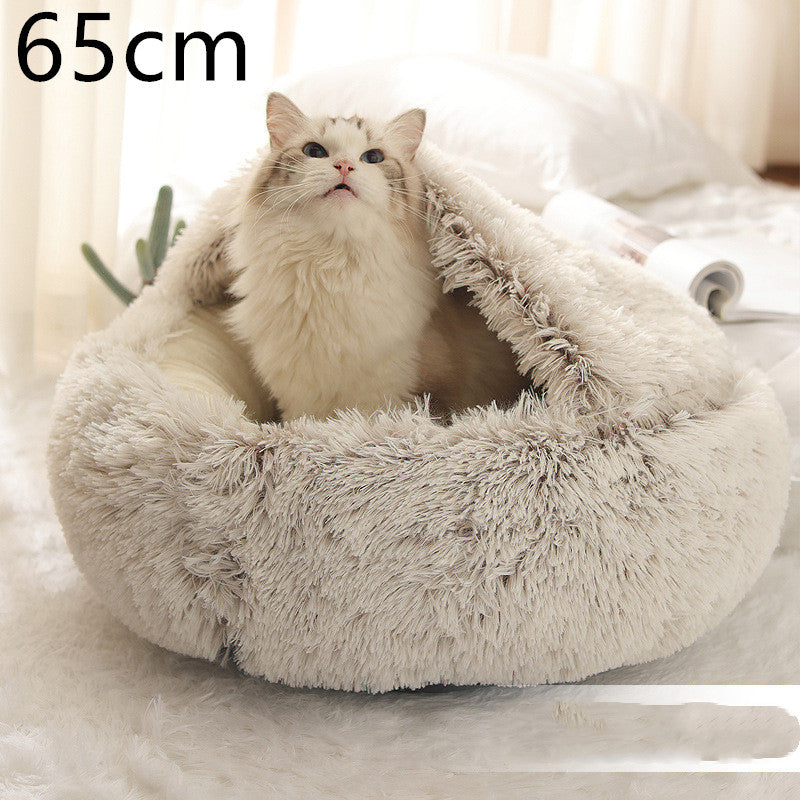 2 In 1 Pet Winter Bed Round Plush Warm Sleeping House