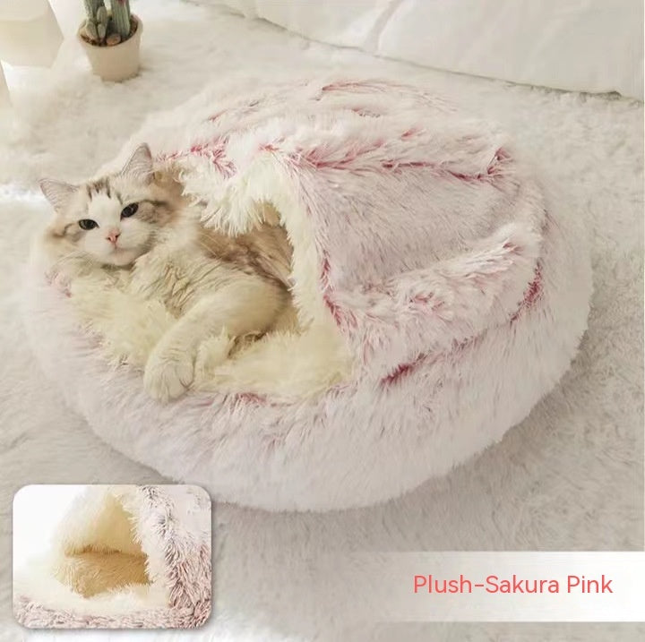 2 In 1 Pet Winter Bed Round Plush Warm Sleeping House