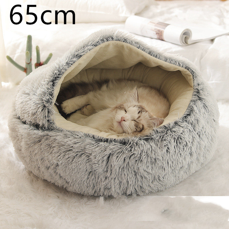 2 In 1 Pet Winter Bed Round Plush Warm Sleeping House
