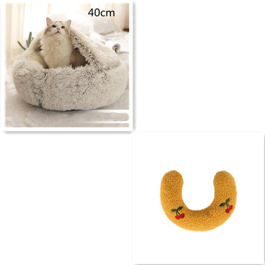 2 In 1 Pet Winter Bed Round Plush Warm Sleeping House