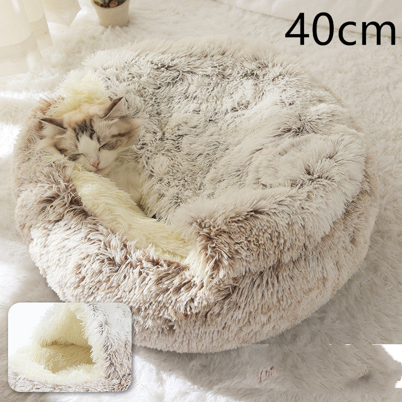 2 In 1 Pet Winter Bed Round Plush Warm Sleeping House