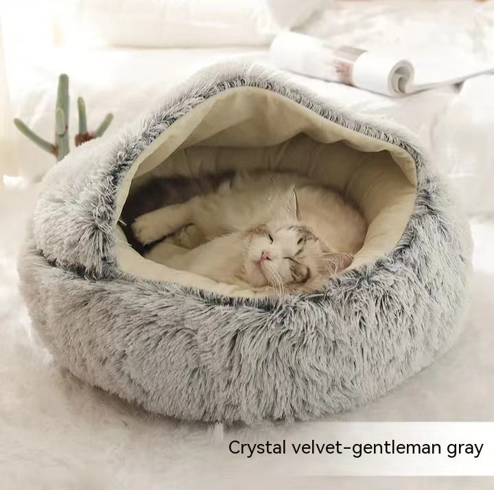 2 In 1 Pet Winter Bed Round Plush Warm Sleeping House