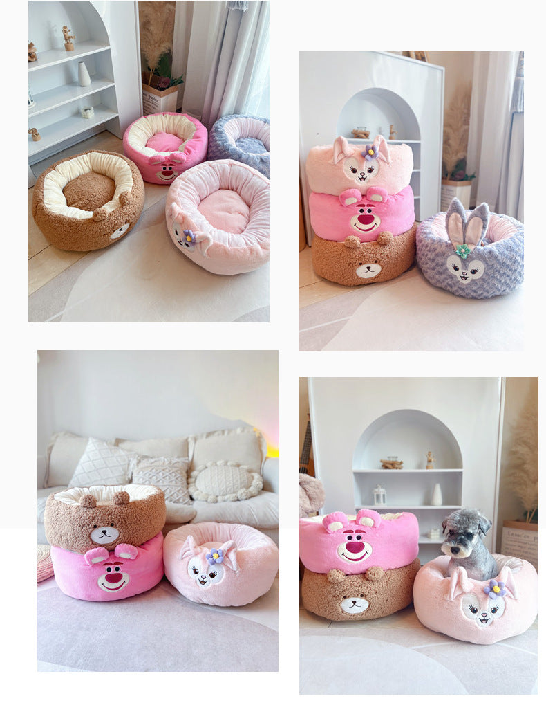 Pet Cartoon Plush Round Four Seasons Nest Cushion Bed