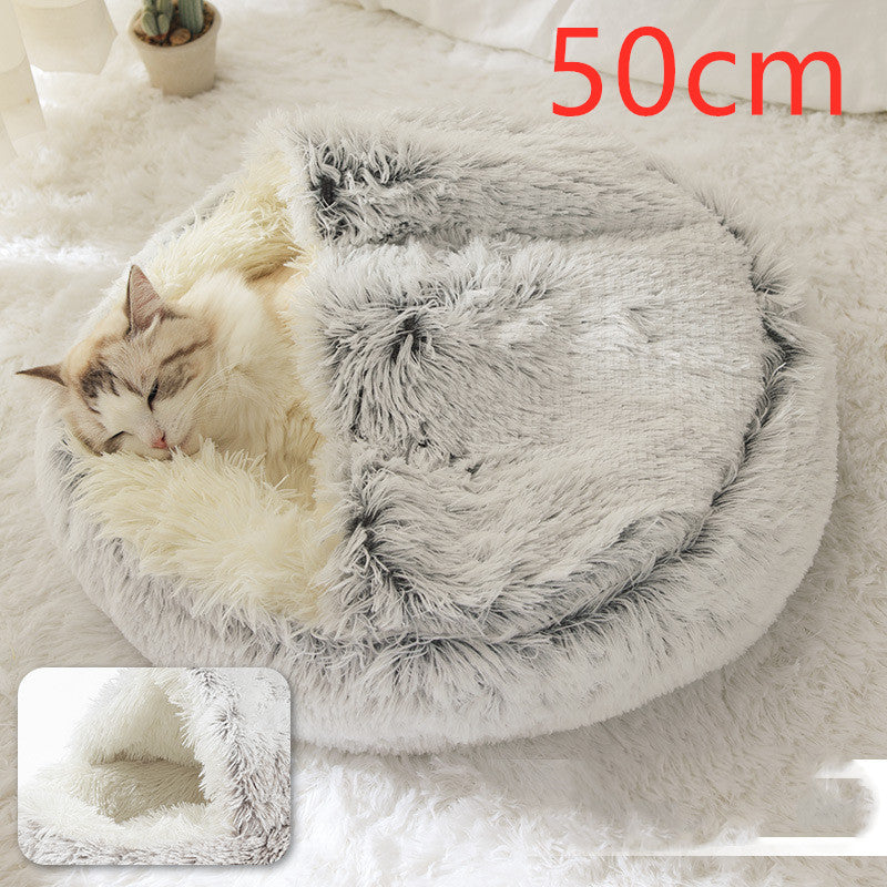 2 In 1 Pet Winter Bed Round Plush Warm Sleeping House
