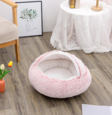 2 In 1 Pet Winter Bed Round Plush Warm Sleeping House