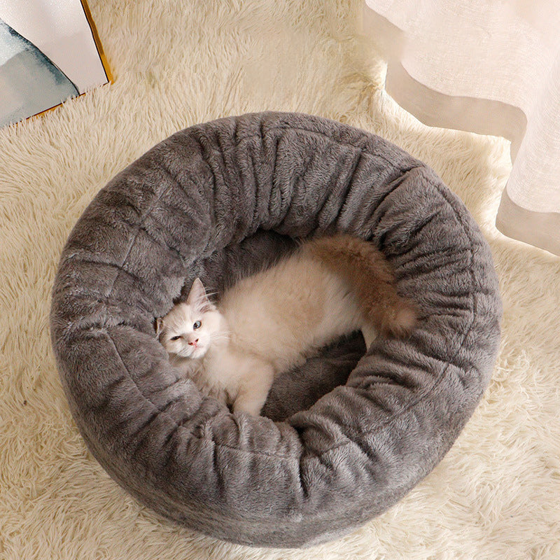 Pet Long Plush Donut Round Warm Cushion Bed Mat