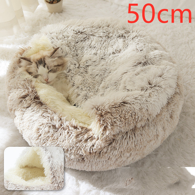 2 In 1 Pet Winter Bed Round Plush Warm Sleeping House