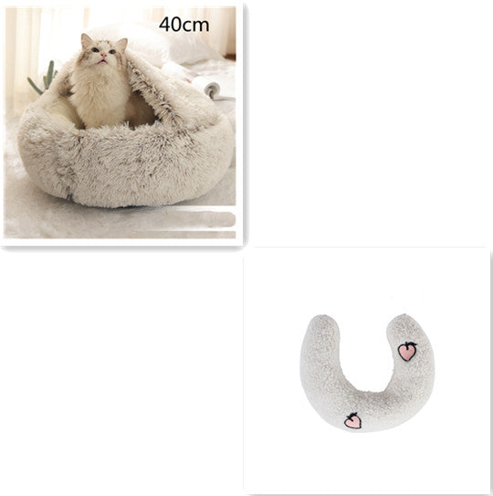 2 In 1 Pet Winter Bed Round Plush Warm Sleeping House