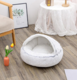 2 In 1 Pet Winter Bed Round Plush Warm Sleeping House