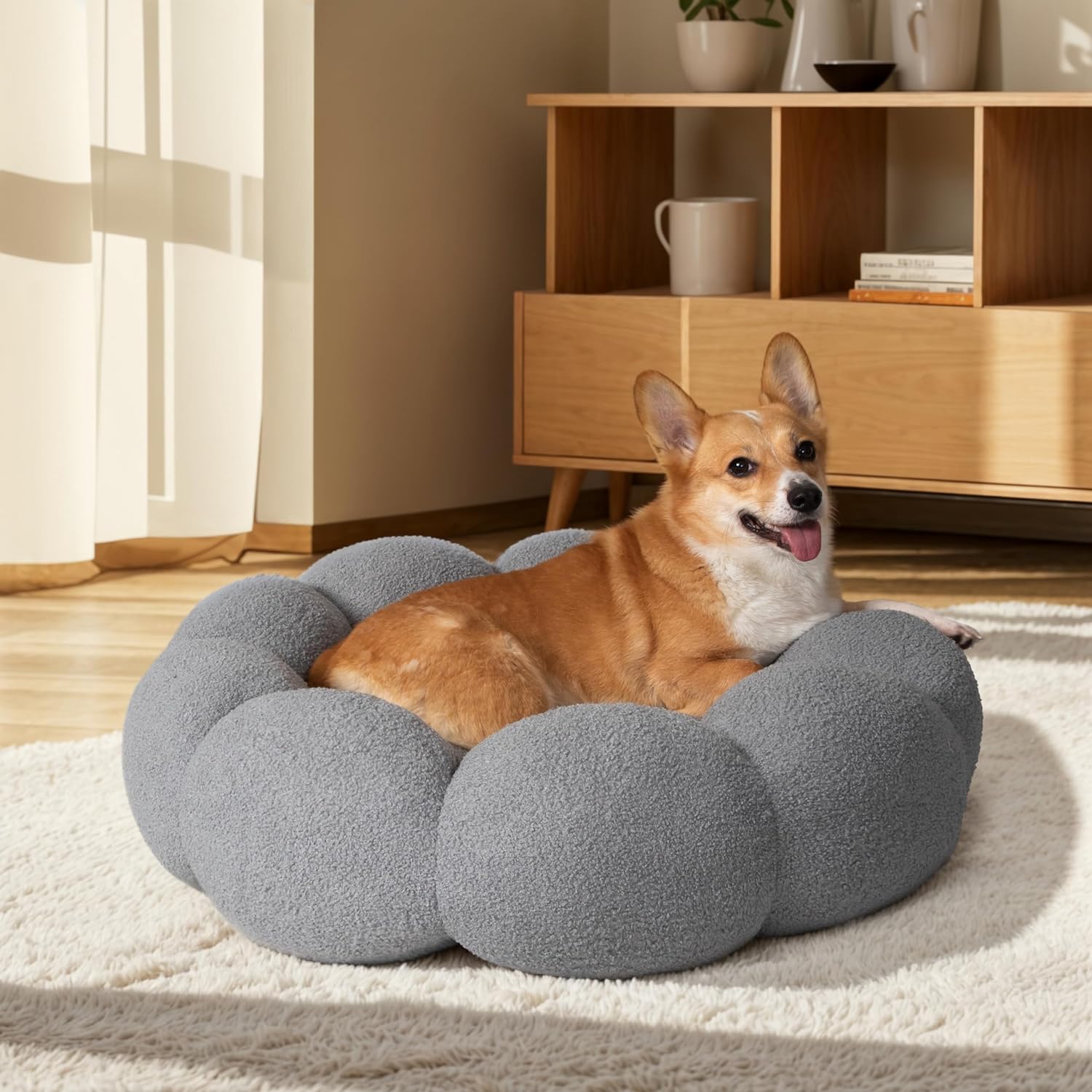 Pet Fluffy Flower Plush Calming Round Donut Cuddler Bed