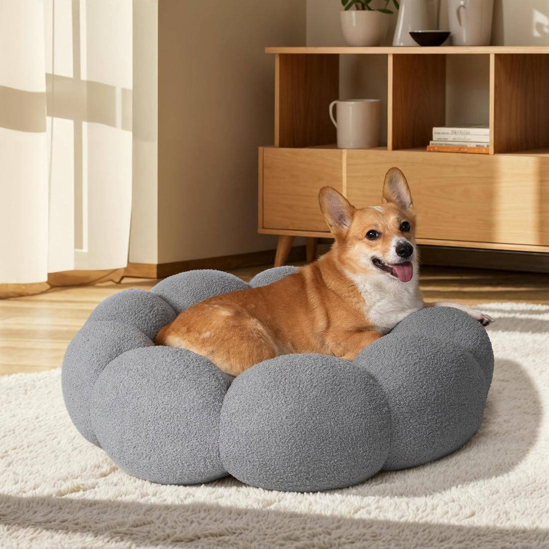 Pet Fluffy Flower Plush Calming Round Donut Cuddler Bed