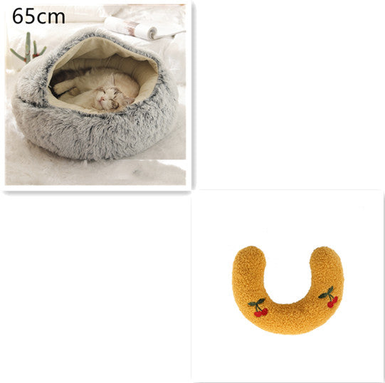 2 In 1 Pet Winter Bed Round Plush Warm Sleeping House