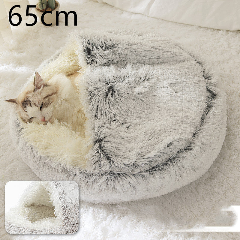 2 In 1 Pet Winter Bed Round Plush Warm Sleeping House