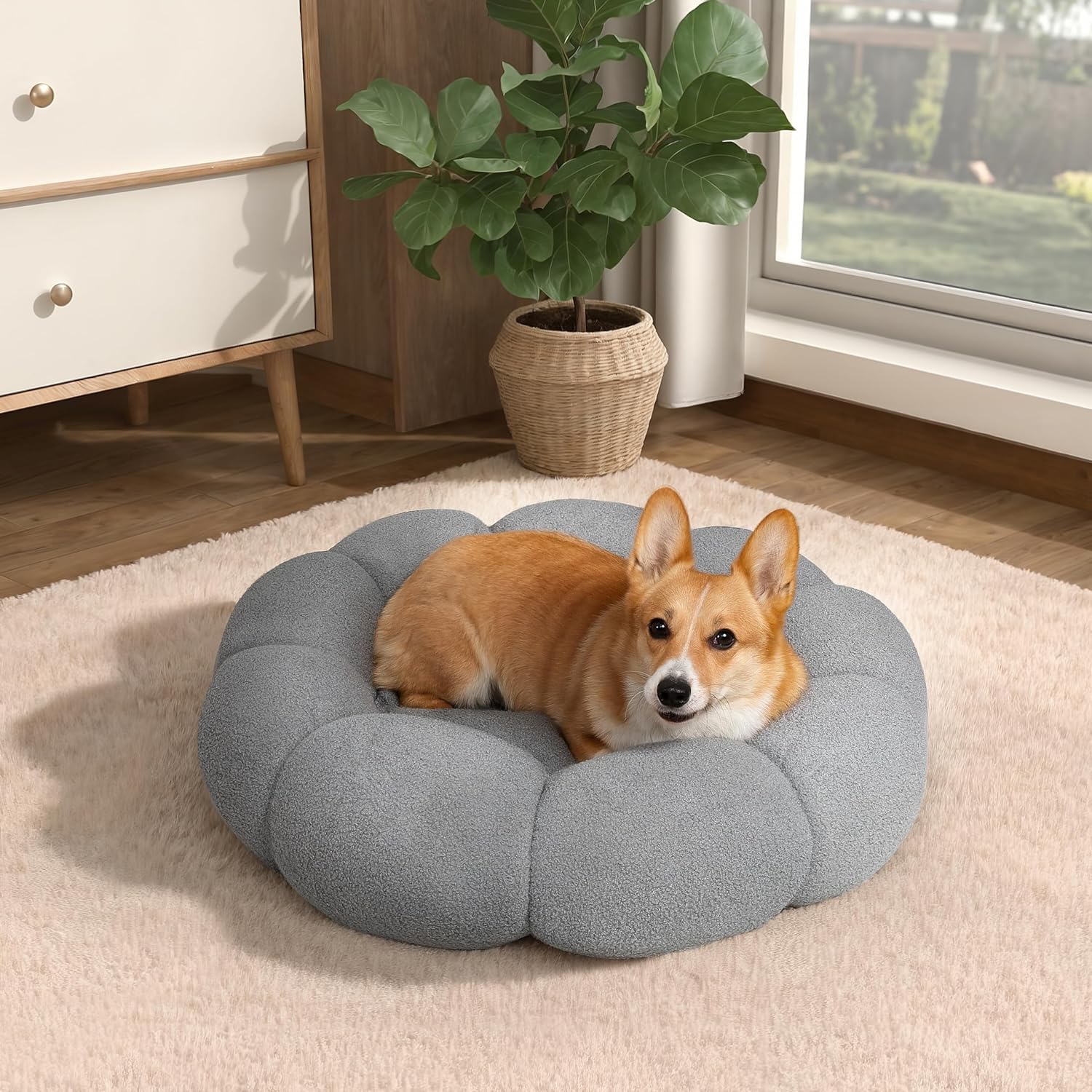 Pet Fluffy Flower Plush Calming Round Donut Cuddler Bed