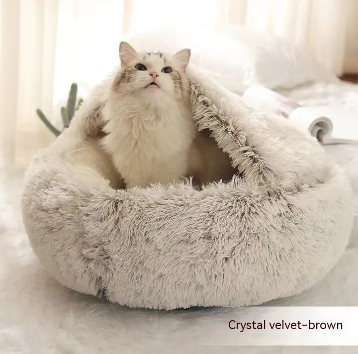 2 In 1 Pet Winter Bed Round Plush Warm Sleeping House