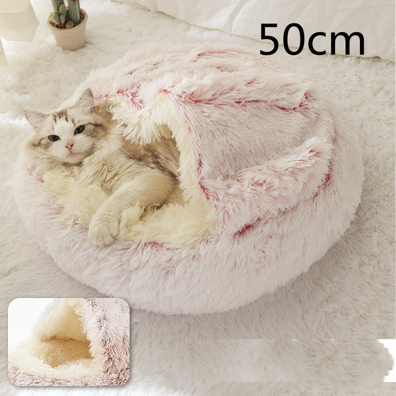 2 In 1 Pet Winter Bed Round Plush Warm Sleeping House