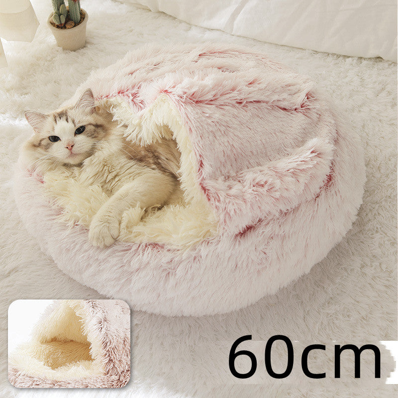 2 In 1 Pet Winter Bed Round Plush Warm Sleeping House