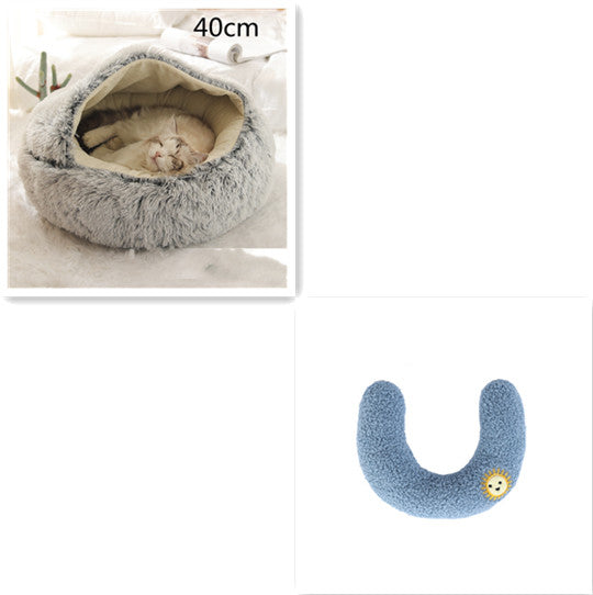 2 In 1 Pet Winter Bed Round Plush Warm Sleeping House
