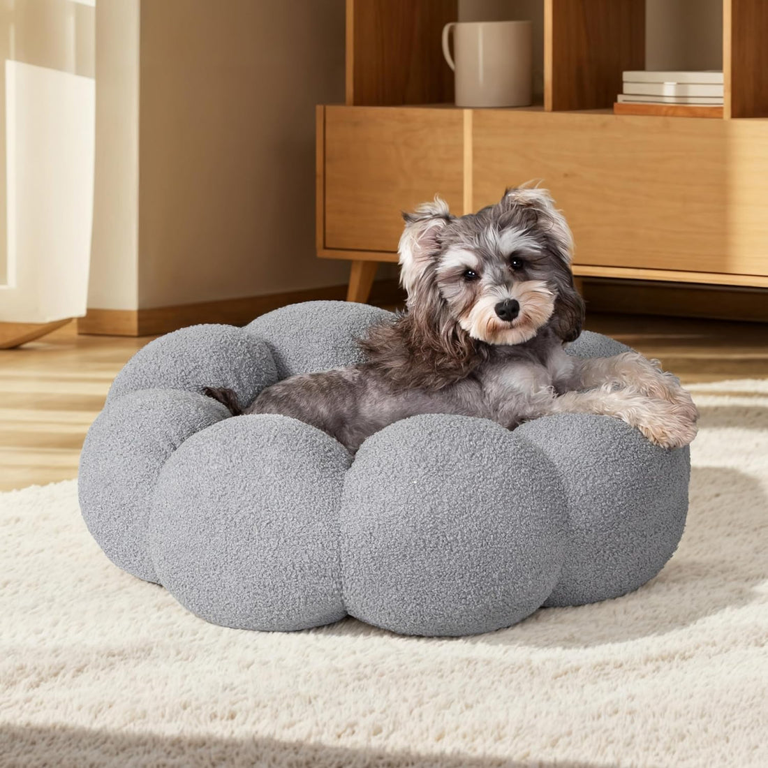 Pet Fluffy Flower Plush Calming Round Donut Cuddler Bed