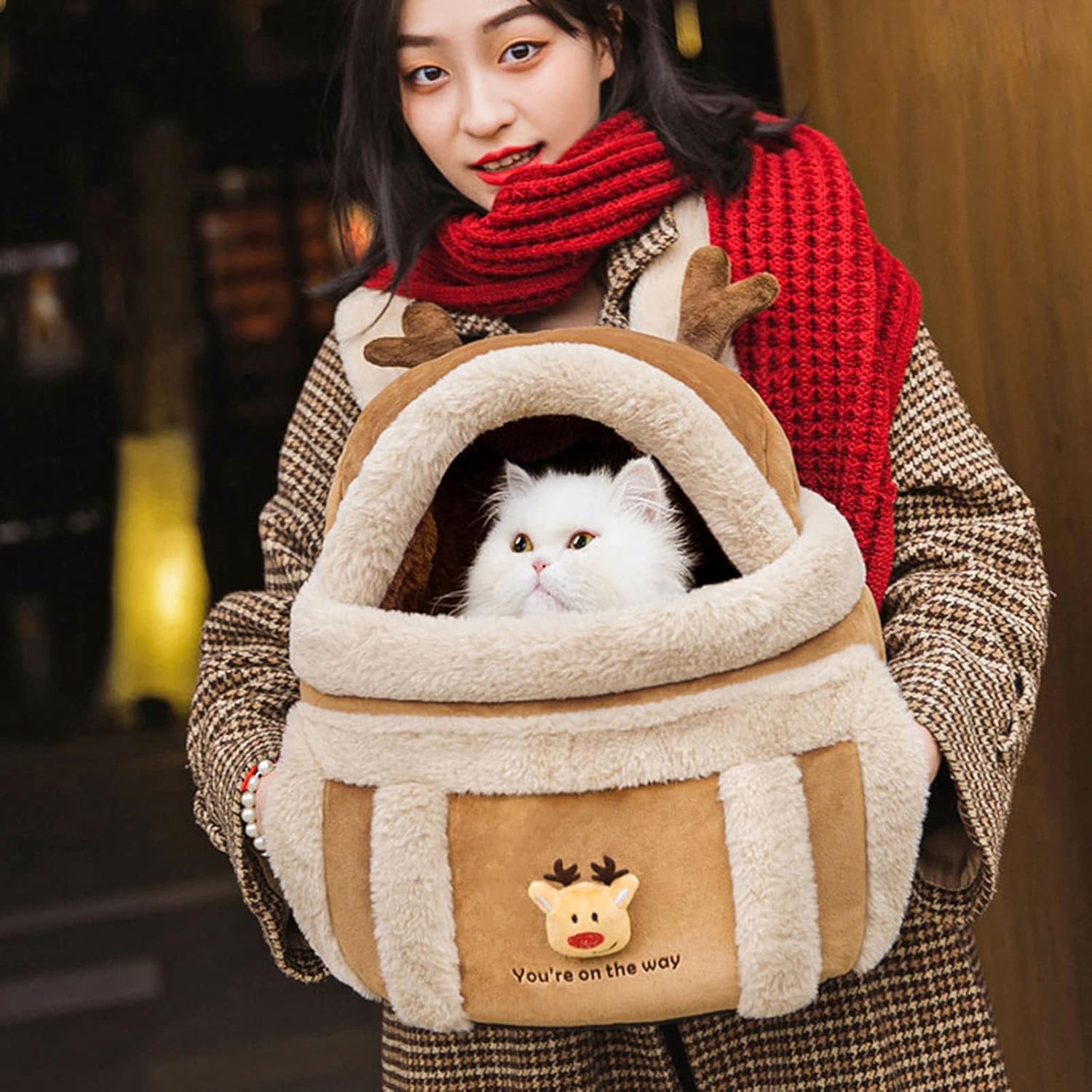 Pet Carrier Backpack Winter Plush Outdoor Travel Bag