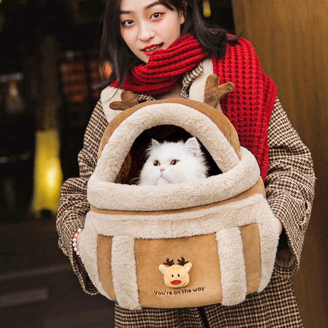 Pet Carrier Backpack Winter Plush Outdoor Travel Bag