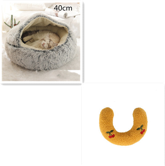 2 In 1 Pet Winter Bed Round Plush Warm Sleeping House