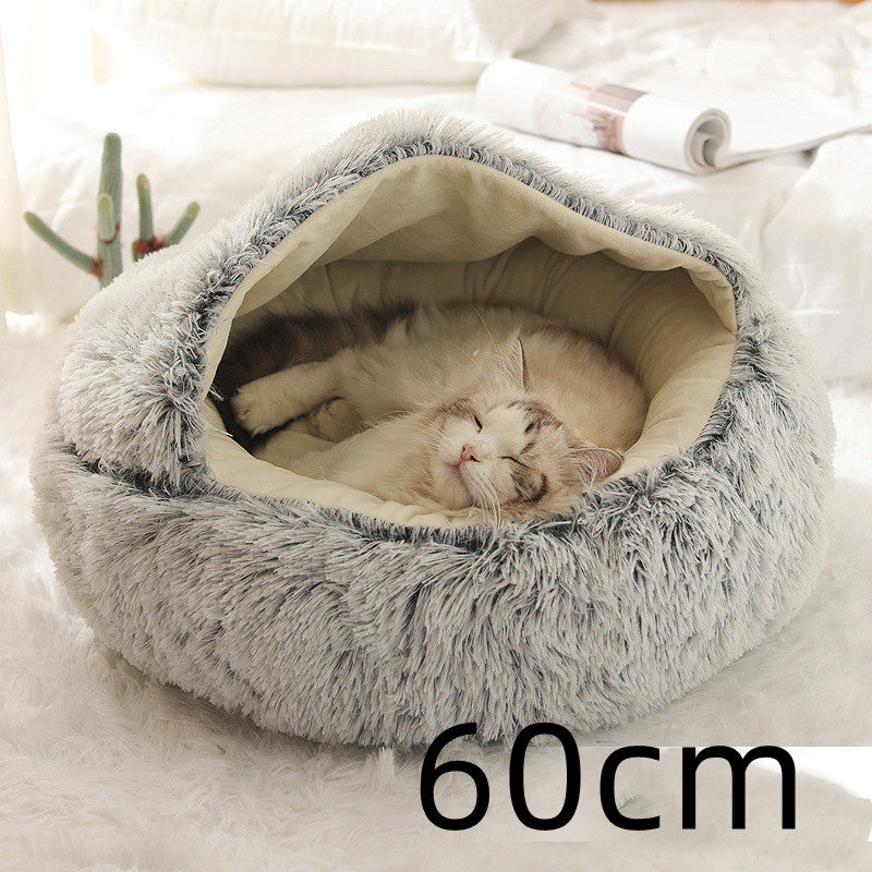 2 In 1 Pet Winter Bed Round Plush Warm Sleeping House