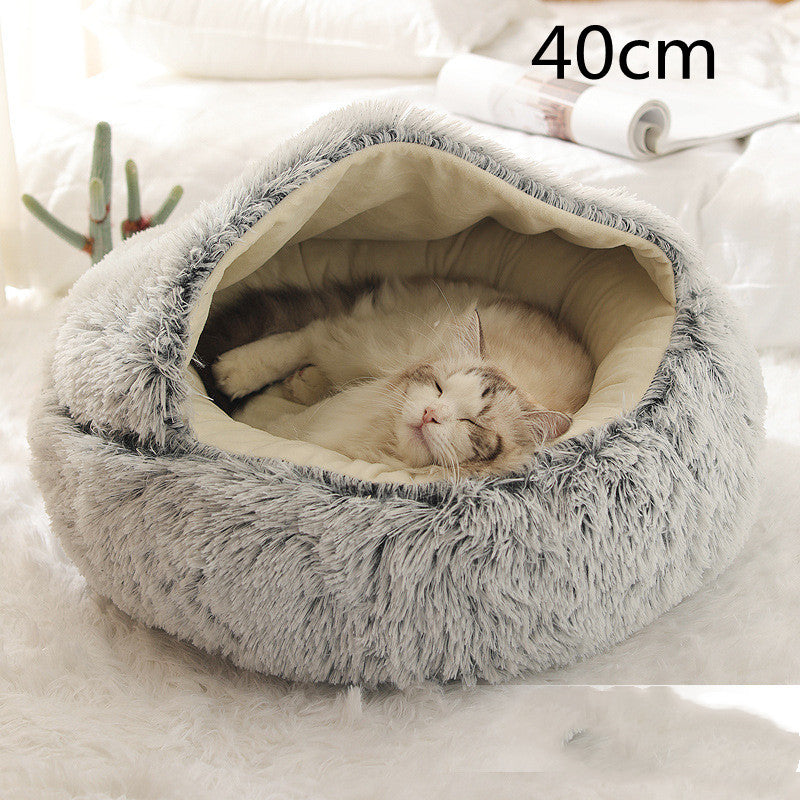 2 In 1 Pet Winter Bed Round Plush Warm Sleeping House