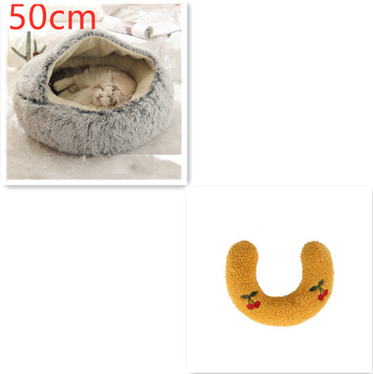 2 In 1 Pet Winter Bed Round Plush Warm Sleeping House