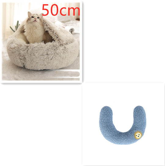 2 In 1 Pet Winter Bed Round Plush Warm Sleeping House