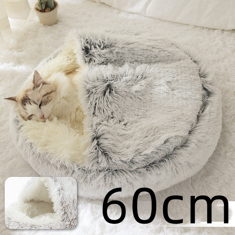 2 In 1 Pet Winter Bed Round Plush Warm Sleeping House