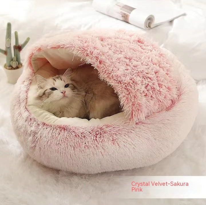 2 In 1 Pet Winter Bed Round Plush Warm Sleeping House