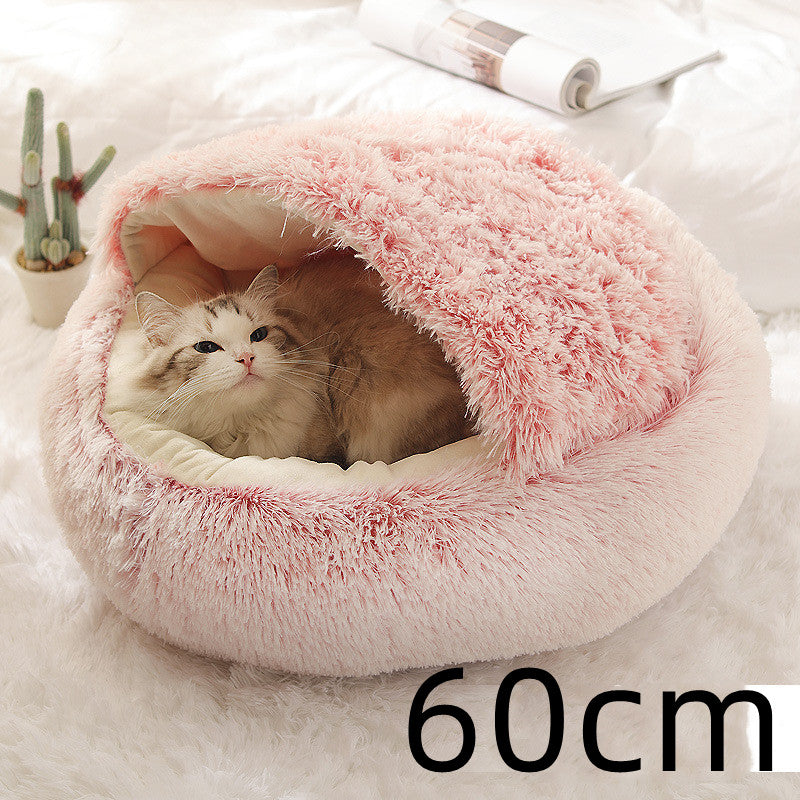 2 In 1 Pet Winter Bed Round Plush Warm Sleeping House