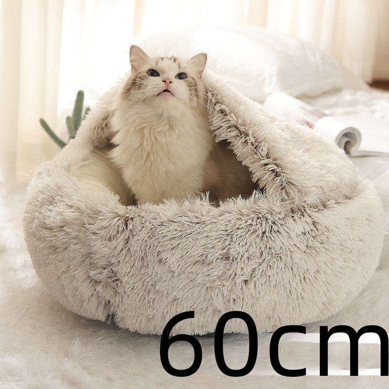 2 In 1 Pet Winter Bed Round Plush Warm Sleeping House