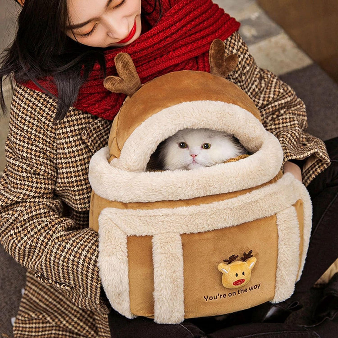 Pet Carrier Backpack Winter Plush Outdoor Travel Bag