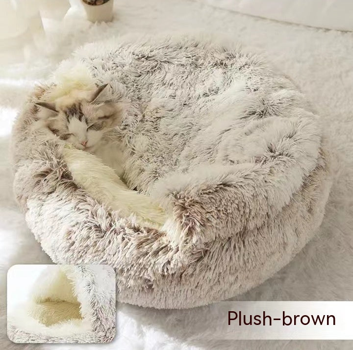 2 In 1 Pet Winter Bed Round Plush Warm Sleeping House
