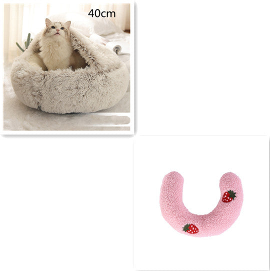2 In 1 Pet Winter Bed Round Plush Warm Sleeping House
