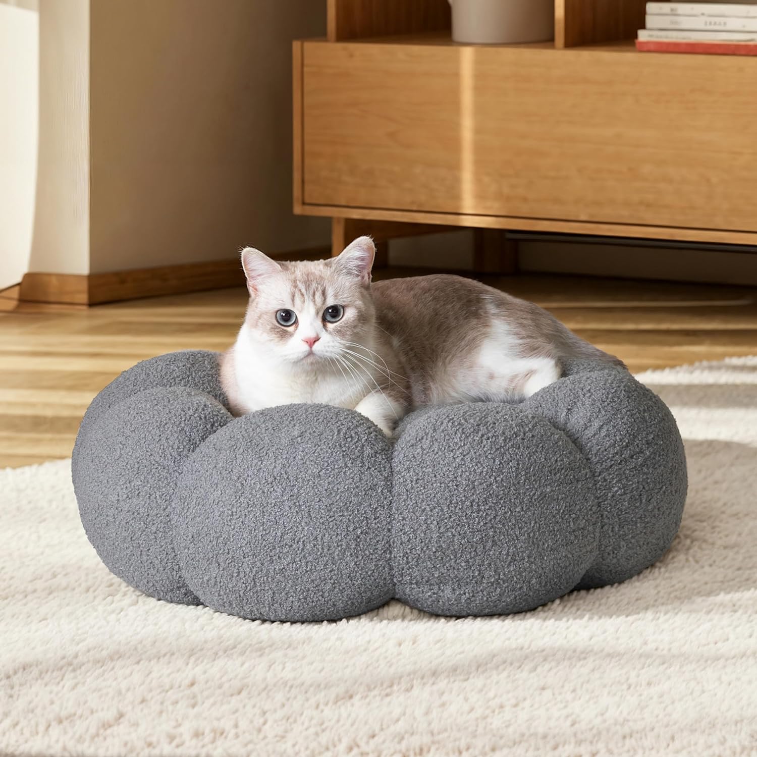 Pet Fluffy Flower Plush Calming Round Donut Cuddler Bed