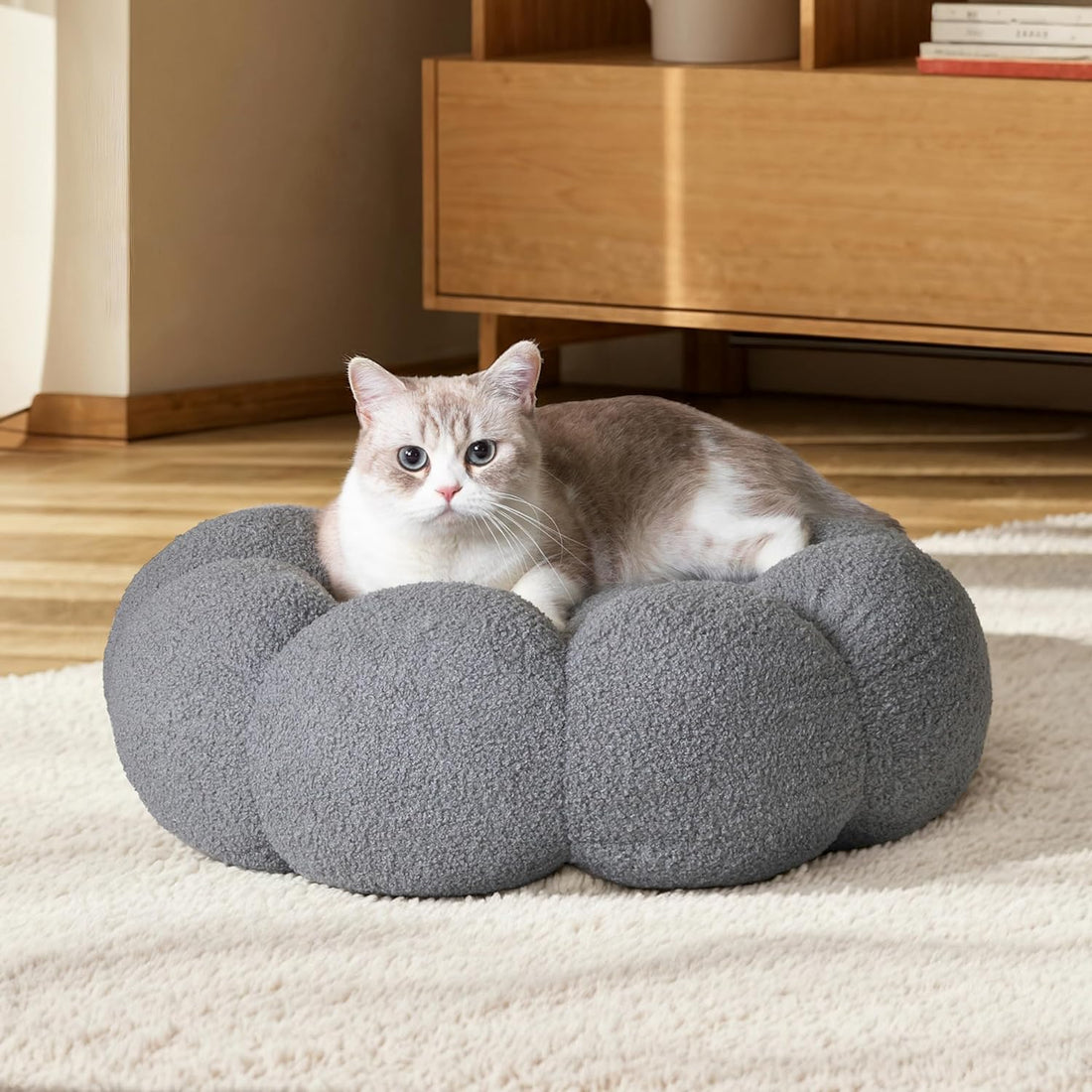 Pet Fluffy Flower Plush Calming Round Donut Cuddler Bed